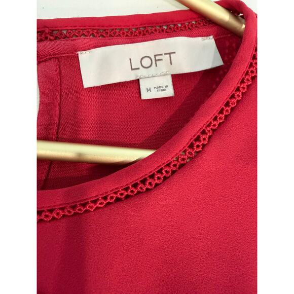 LOFT Pink Blouse Cutout Neckline Blouson Sleeves Shirred Bodice Size M EUC - Picture 5 of 7